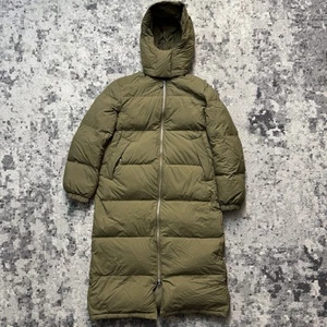 Arket Jacket Womens Small Olive Green Puffer Hood Re Down Filled Insulated Long - Picture 1 of 8