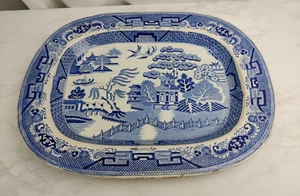 Victorian Large Blue Willow Meat Platter 15x18.5" Blue & White Staffordshire - Picture 1 of 11