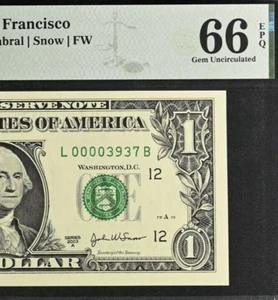2003A $1 Federal Reserve Note PMG 66EPQ - Low Serial Number 00003937 - Picture 1 of 3