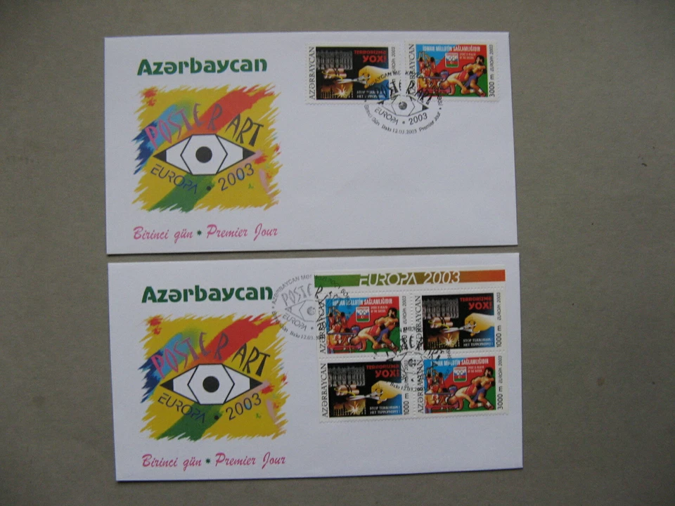 AZERBAIYÁN, 2x portada FDC 2003, S/S + set, arte de cartel de Europa, terrorismo Foto 1 de 1