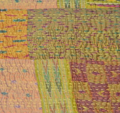 Kantha coverlet Handmade Bed Sheet Queen Bedcover Indian Cotton Throw Bedspread - Image 1 of 4