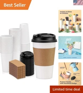 100 Stück 16 Unzen Einweg Kaffeebecher mit Deckel, Hülsen und Rührstäbchen, Premiu... - Bild 1 von 9