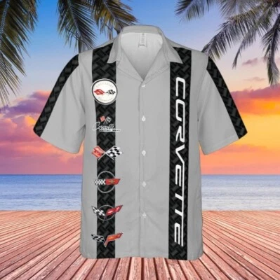 Camisa hawaiana para hombre Corvette C1-C6 logotipos base gris claro con rayas de carbono Foto 1 de 2