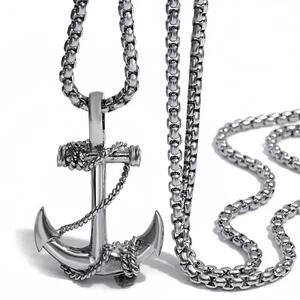 Men's Boy's Stainless Steel Pendant Chain Silver Tone Anchor Necklace Jewelry  - Picture 1 of 6