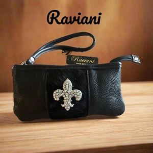 Raviani Black Color Leather  Clutch W/Full Crystal Fleur De Lis Ornament - Picture 1 of 5
