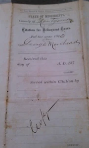 DELINQUENT TAX NOTICE FROM MONTGOMERY CO. MISS.; FOR YEAR 1872 - Picture 1 of 7