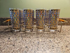 Pasinski blau 22 kt. Goldene Longdrinkgläser mit Tablett MCM Set 8 Vintage Top - Bild 1 von 16