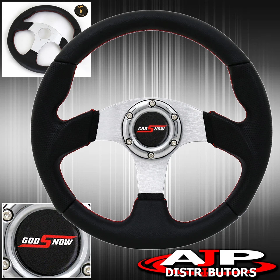 6 Bolt Hole Black Silver Center Steering Wheel Red Stitching Godsnow Jdm Horn Foto 1 de 4