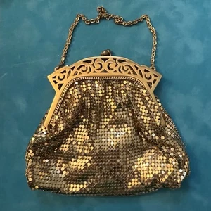 Vintage Whiting & Davis Gold Purse Mesh Evening Bag w Strap Orange Satin Inside - Picture 1 of 10