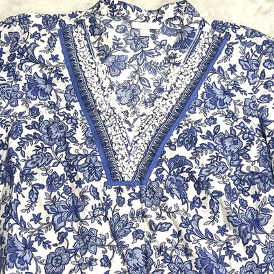 Blusa túnica Charter Club mujer 20W azul blanco floral con cuentas manga 3/4 Foto 1 de 4