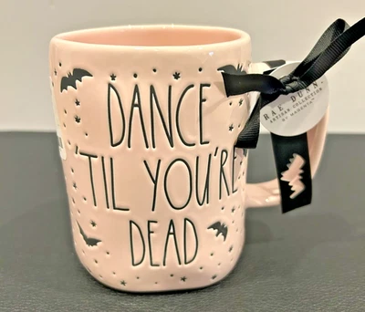 Rae Dunn Pink 'DANCE TIL YOU'RE DEAD' Halloween SKELETON Double-sided Mug -NEW!