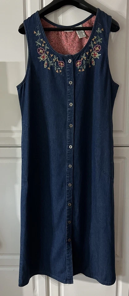 Vintage White Stag Embroidered Floral Denim Maxi Dress Cottagecore Modest L 90s - Image 1 of 4