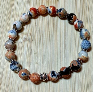 8mm Fire Agate Beaded Stretch Bracelet W/Silver Toned Accents - Picture 1 of 3
