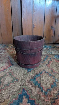 Antique Early Primitive Wood Small Berry Bucket Orig Red Paint 6.75" - Image 1 of 4