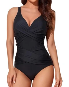 SMISMIVO Women's Medium Black Retro Ruched 1 Pc Swimsuit Tummy Control Cross - Picture 1 of 8