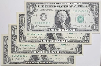 Matching Radar Serial Numbers $1 Federal Reserve Note 1963 1988 1995 4 Note Set - Image 1 of 4