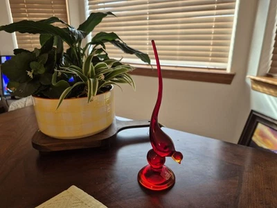 Vintage VIKING Glass Ruby Red Epic Line Long Tail Bird Cadmium Glow 10”  - Image 1 of 4