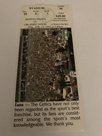 BOSTON  CELTICS vs. SHAQ! TIX BOSTON GARDEN. 4-13-95 2ND TO LAST REG. SEASON GM Cover