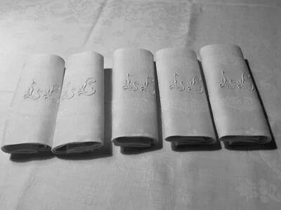Linge Ancien 4 Serviettes  DE MARIAGE Damassé De Soie Brodé Monogramme L C - Photo 1/4