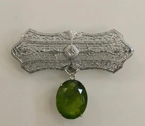 RARE OSTBY & BARTON CHAMPAGNE DIAMOND PERIDOT 10K WG FILIGREE PENDANT BROOCH PIN - Picture 1 of 12