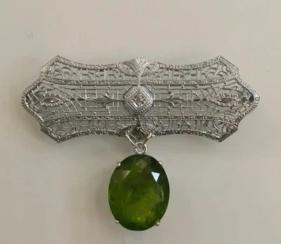 RARE OSTBY & BARTON CHAMPAGNE DIAMOND PERIDOT 10K WG FILIGREE PENDANT BROOCH PIN - Image 1 of 4