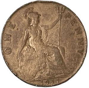 1911 Great Britain One Penny King George Bronze Cent Coin KM 810 Lot B8-392 - Picture 1 of 8