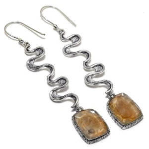 Golden Rutilated Quartz Gemstone Silver Plated Earrings Jewelry 3" - Picture 1 of 1