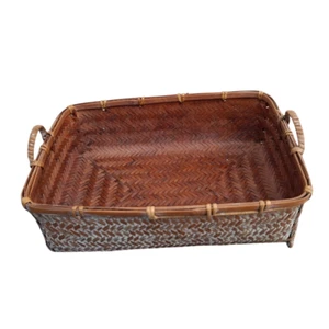 Cesta de almacenamiento de mimbre de bambú estilo oriental tejida de ratán con dos asas - Imagen 1 de 20