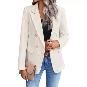 Women Fashion Tweed Double Breasted Blazer Coat Vintage Long Sleeve Flap Pocket - Picture 1 of 36