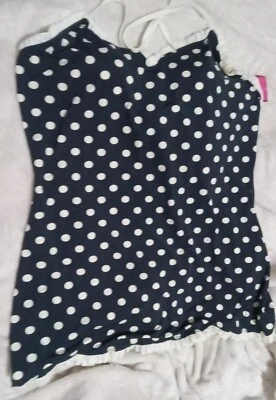 NWT Bettie Page Blue White Polka Dot Ruffle Bathing Suit Swimdress Size 26 W - Image 1 of 4