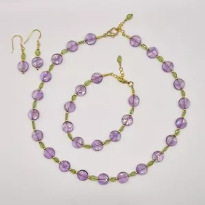 Amethyst And Peridot Necklace Bracelet And Earrings Set Handmade - Picture 1 of 8