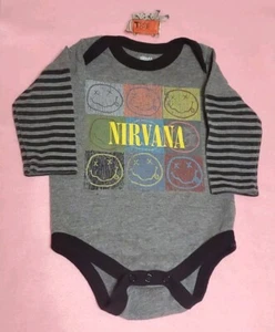 NIRVANA SMILEY FACE BABY ONE PIECE 3-6 MONTHS LONG SLEEVE GRAY BLACK STRIPES - Picture 1 of 4