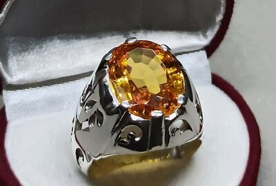 Oval Cut 13 Carat Dark Yellow Citrine Sterling Silver 925 Handmade Mens Ring - Image 1 of 4