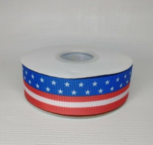 Grosgrain Ribbon 1 Inch Wide American Flag Red White & Blue Stars Stripes Spool - Picture 1 of 6