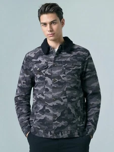 Giacca sherpa uomo mimetica foderata denim classico caldo cappotto invernale grigio urbano - Foto 1 di 8