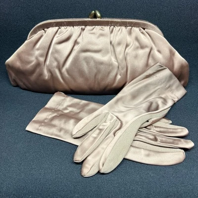 Guantes y bolso de mano de satén marrón vintage con cierre de beso Hollywood Glam Foto 1 de 4