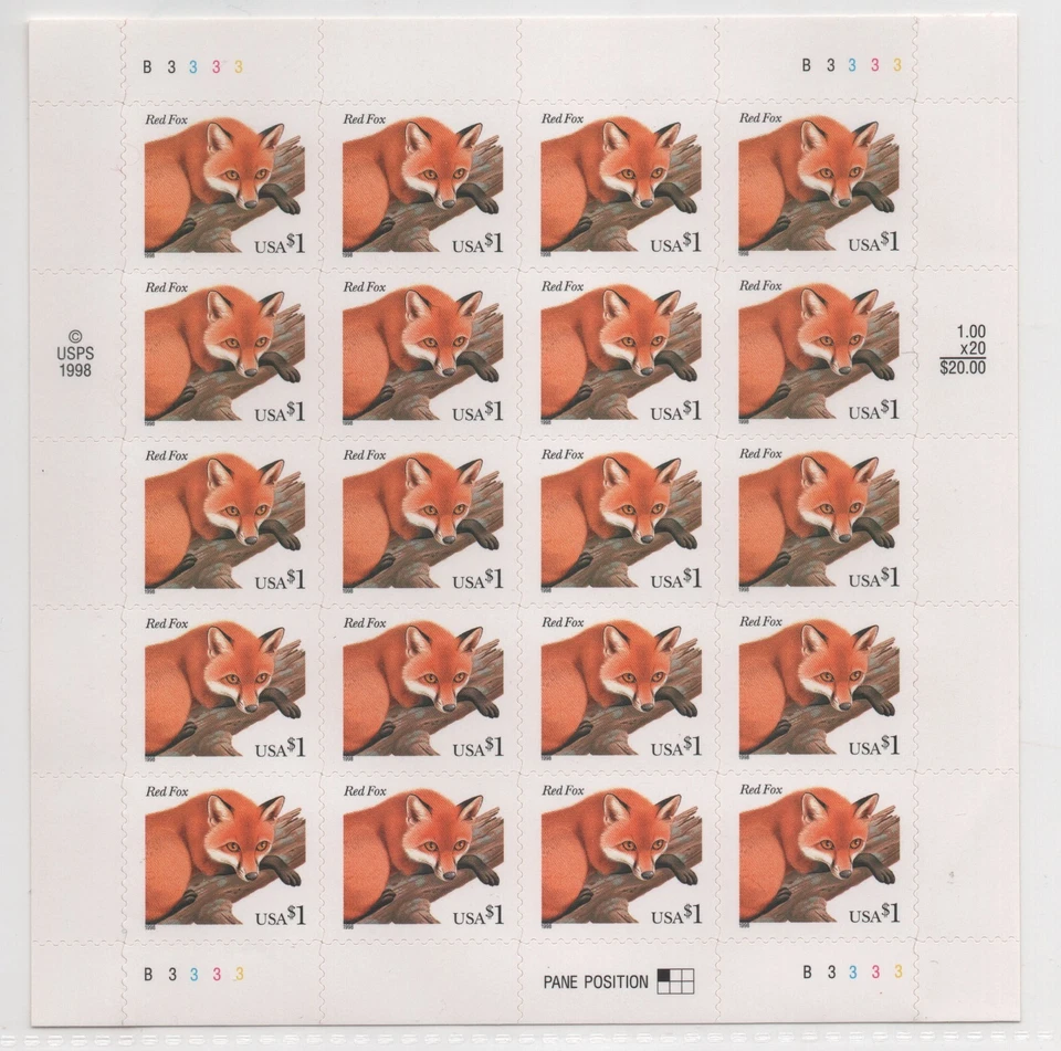 US Sc #3036 Red Fox Full Sheet of 20 Stamps Plate #3333 VF MNH - Image 1 of 1