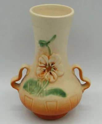 Jarrón de cerámica Weller vintage de los años 30 de 6,5" crema a naranja ombre 2 asas Foto 1 de 4