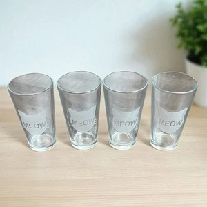 Cat “Meow” Etched Glass Water Tumblers Drinking Glasses 16oz Set of 4 - Picture 1 of 4
