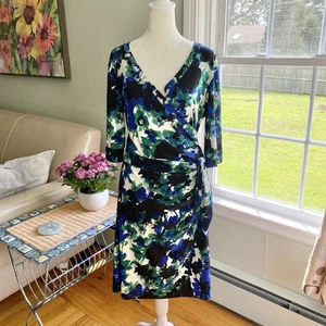 DVF Diane Von Furstenberg Wrap Dress Women Size 8 Silk Jersey Green Black Blue - Picture 1 of 8