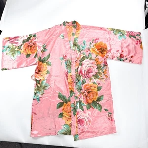 Jackie Stickerei Satin Kimono Morgenmantel Damen groß glänzend rosa Blumen oberschenkellang - Bild 1 von 10