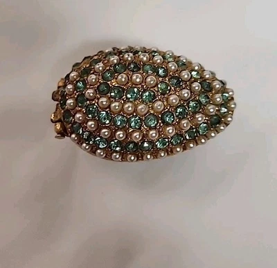 Vintage Egg Shaped Pearl & Teal Rhinestone Spring Loaded Pill Box - Image 1 of 4