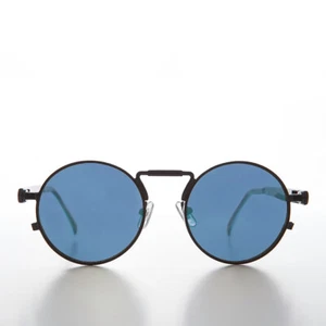 Round Black Metal Goth Steampunk Sunglass Blue Lens- Ivan - Picture 1 of 3