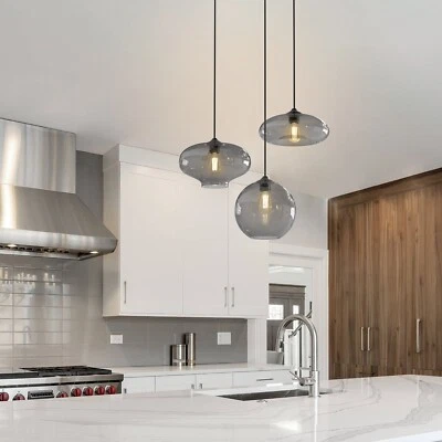 Modern Black Glass Pendant Light – 3-Light E26, Adjustable Cord, Smoke Gray Shad - Image 1 of 4
