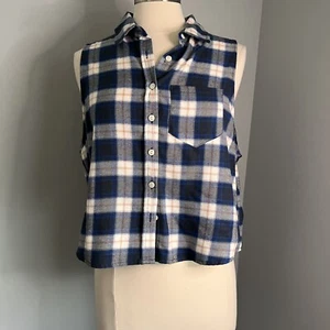 Wild Fable Women's Size XL Blue Plaid Sleeveless Flannel Button-Down Shirt Crop - Picture 1 of 10