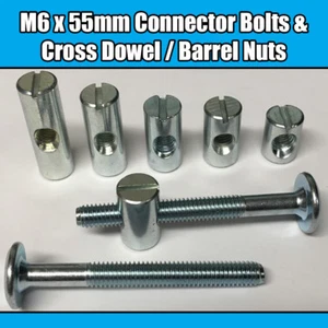 M6 x 55mm Furniture Connector Bolts & Cross Dowel Barrel Nuts Joint Fixing Unit - Picture 1 of 4
