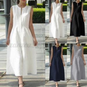 Women Sleeveless Dress High Waist Long Dress A-Line Summer Beach Maxi Dress PLUS - Picture 1 of 61