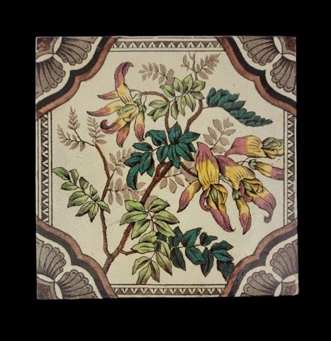 Antique 1880s English Colorful Transferware Floral Tile Cover