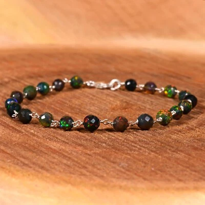 Pulsera de cadena de eslabones de ópalo etíope negro, pulsera minimalista de bolas de ópalo facetadas Foto 1 de 4