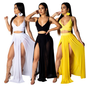 Sexy Women's Chiffon Sling Vest and Long Slit Skirt Two-Piece Dress Outfits Sets